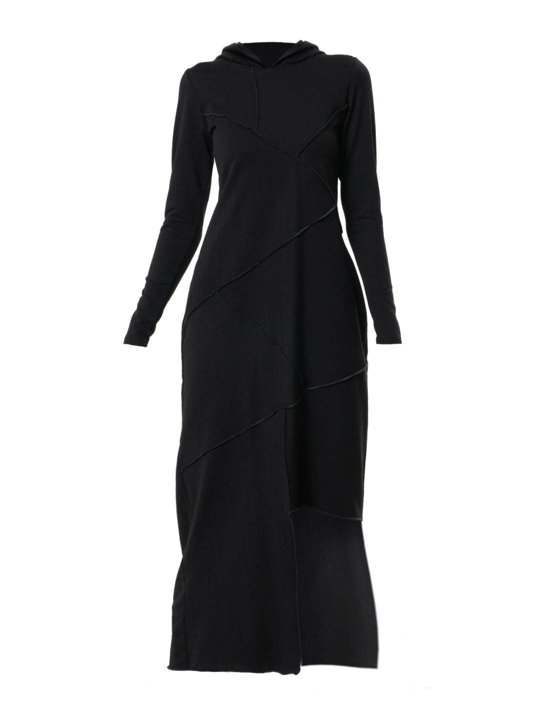 Асимметричное черное платье с капюшоном