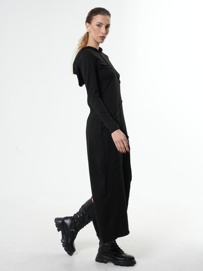 Asymmetrisches schwarzes Kleid mit Kapuze