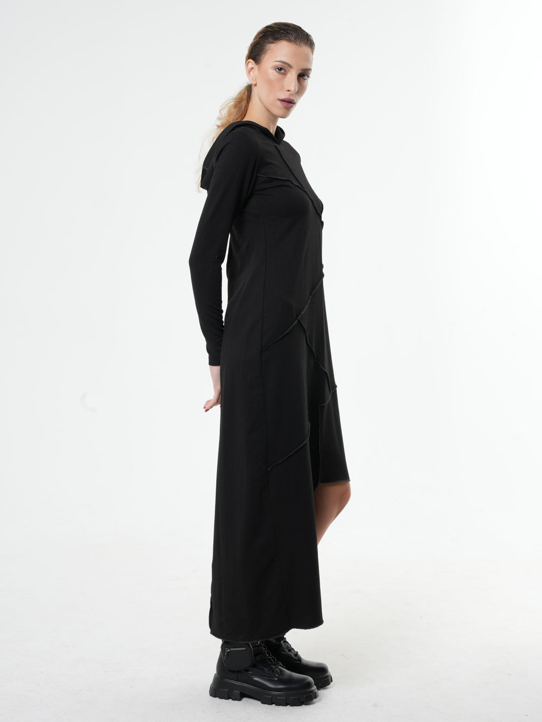 Asymmetric Hooded Black Dress – Metamorphoza