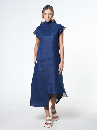 Asymmetrical Linen Dress In Navy Blue
