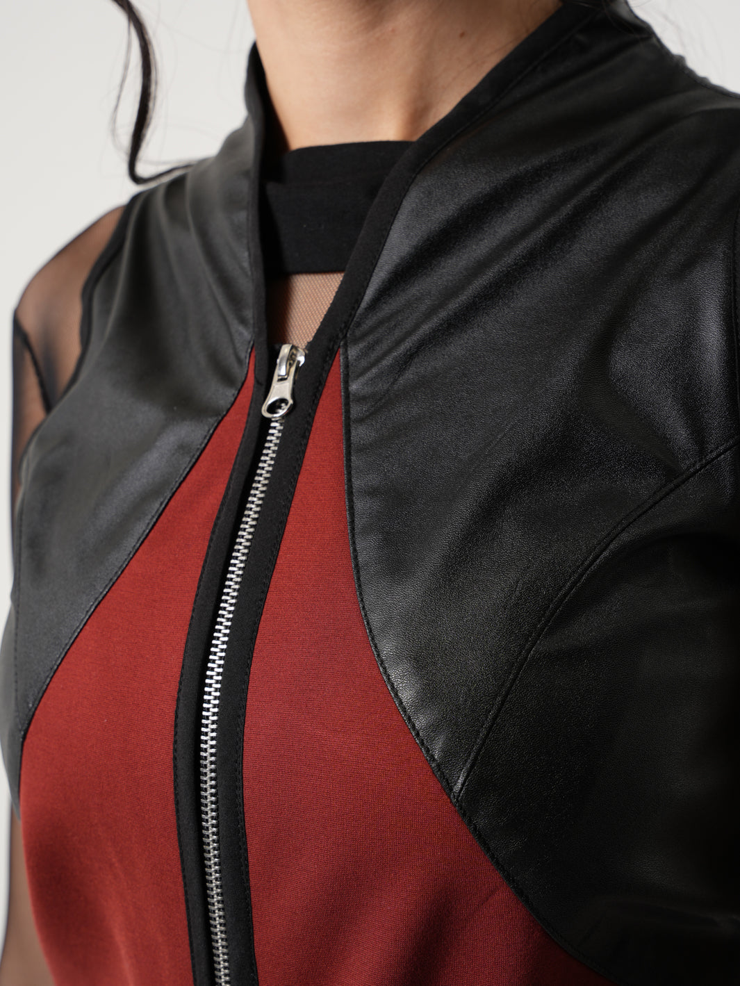 Sleeveless Long Vest With Leather Accent