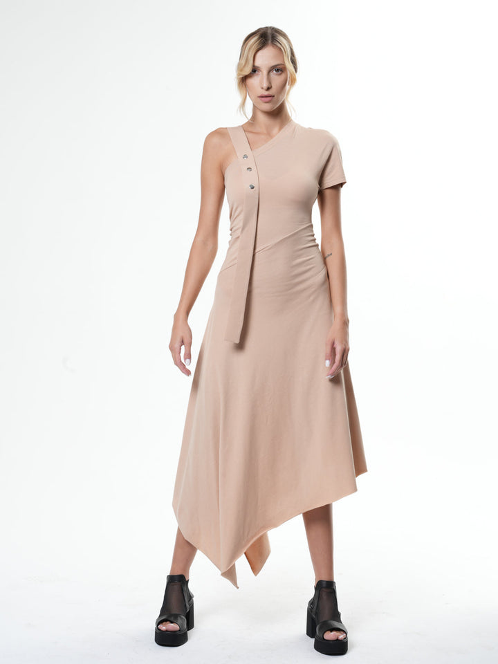 beige dress with black heels Asymmetric Cotton Beige Dress – Metamorphoza