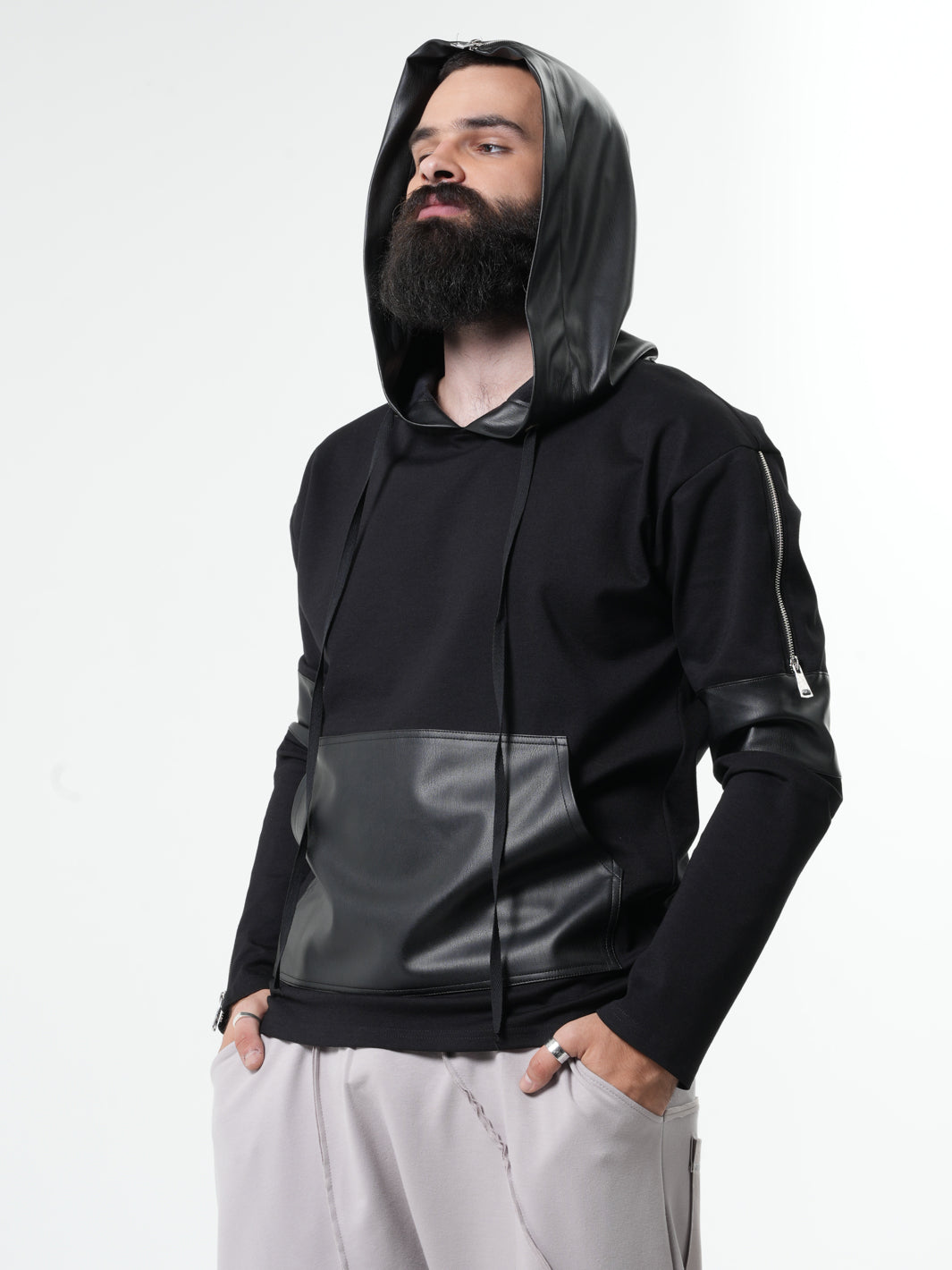 Leather Hood Mens Sweatshirt