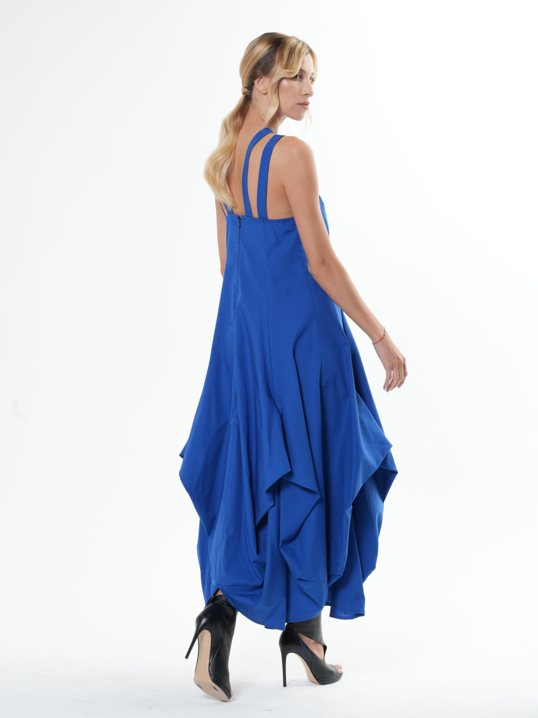 Asymmetric Long Cotton Dress In Royal Blue