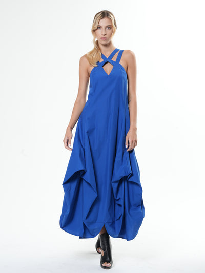 Asymmetric Long Cotton Dress In Royal Blue