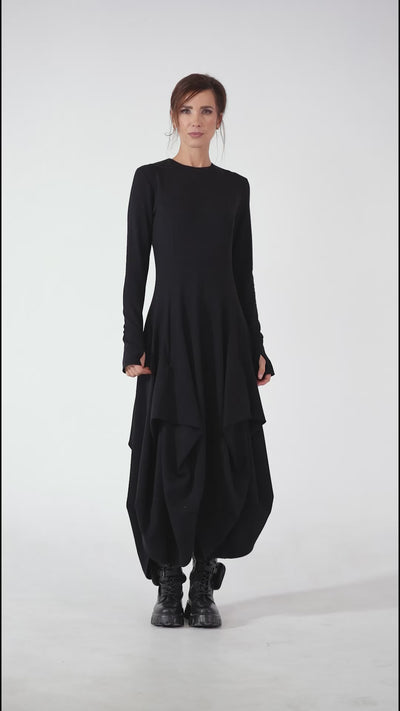 Maxi Draped Dress With Thumbhole Sleeves In Black