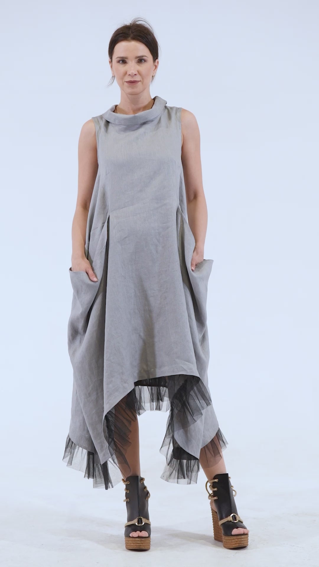 Linen Dress With Tulle Hem In Gray