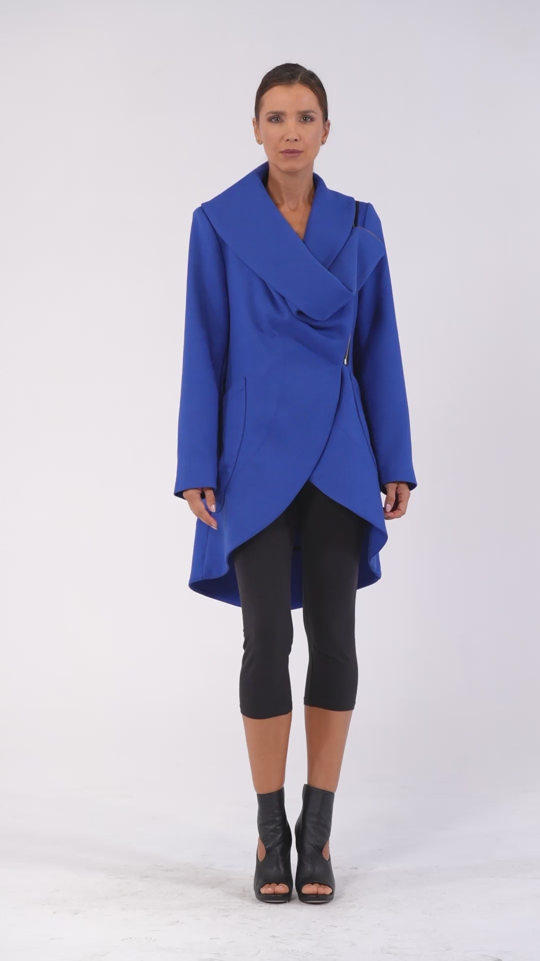 Transitional Coat with Draped Collar In Royal Blue