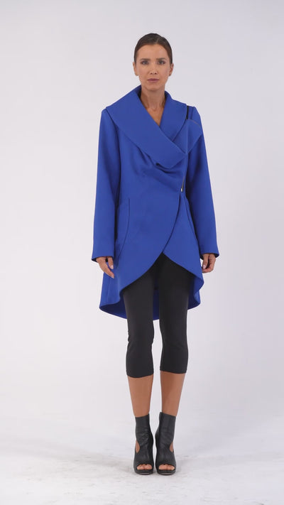 Transitional Coat with Draped Collar In Royal Blue