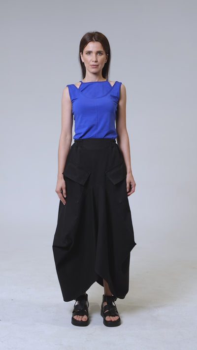 Asymmetrical Long Denim Skirt In Black