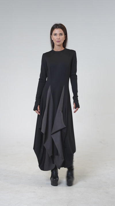 Long Dress With Draping and Thumbhole Sleeves