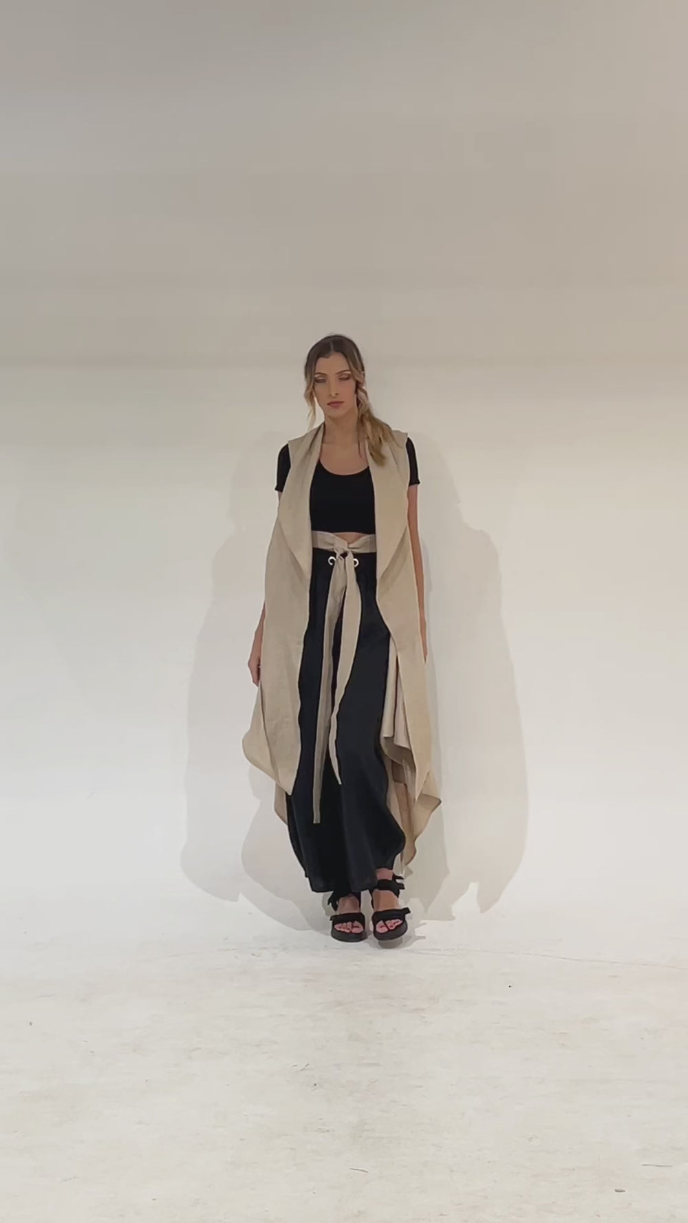 Loose Long Linen Vest In Beige
