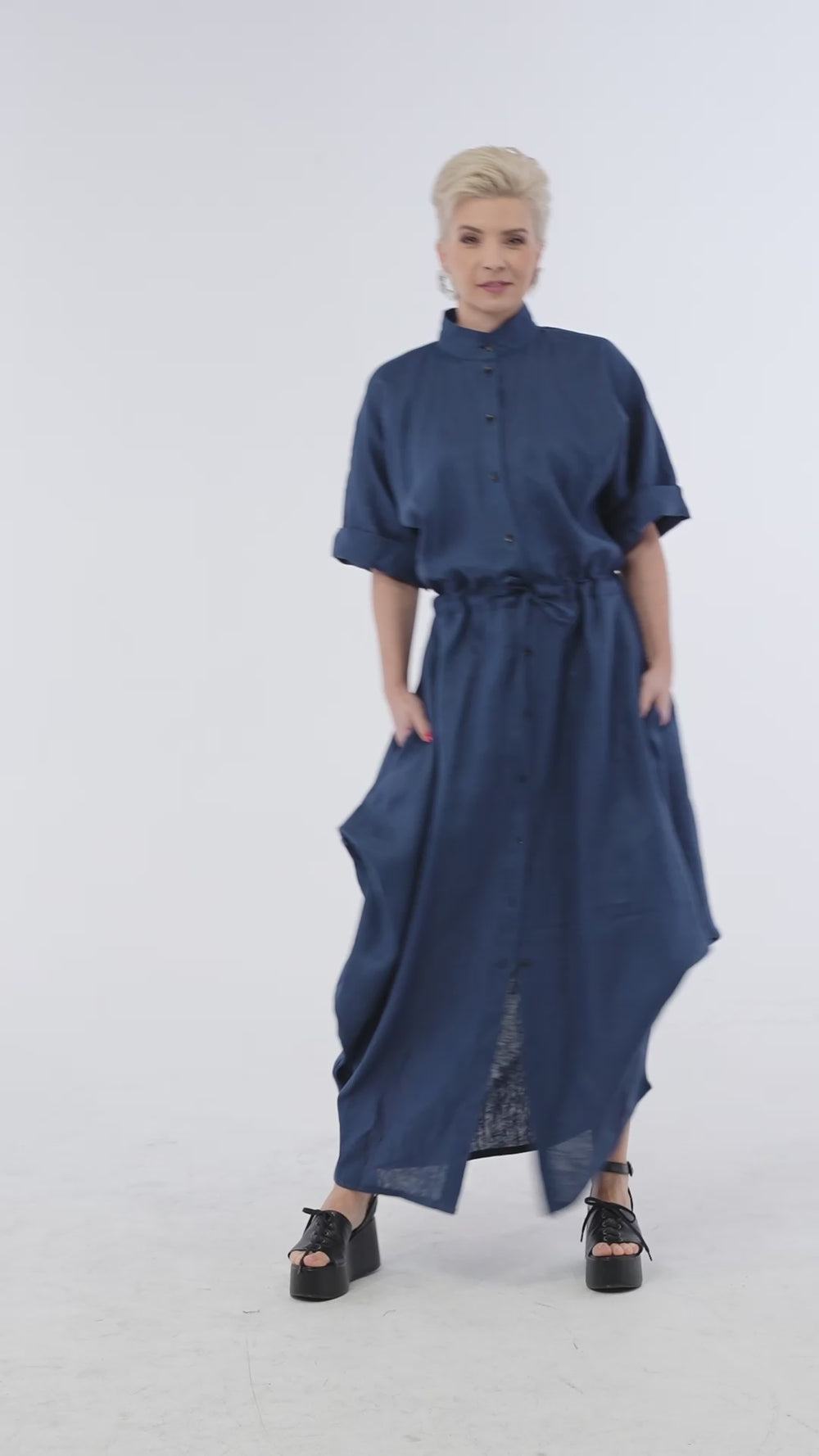 Long Linen Shirt Dress In Blue