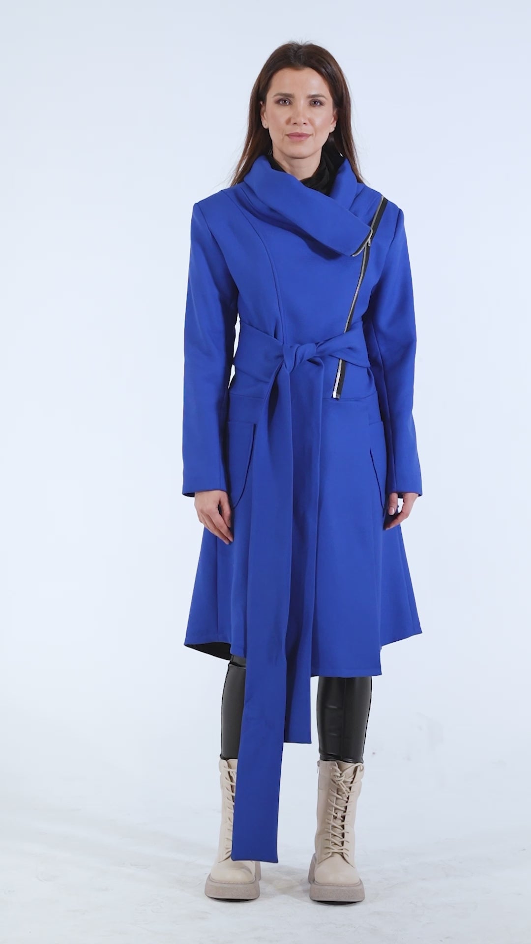 Asymmetric Belted Coat In Royal Blue