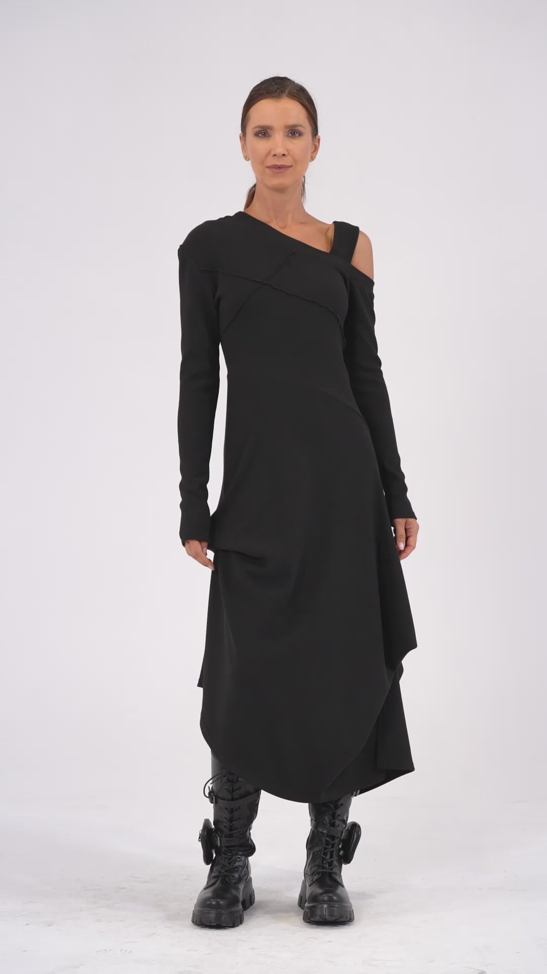Asymmetric Black Dress with Shoulder Cutout