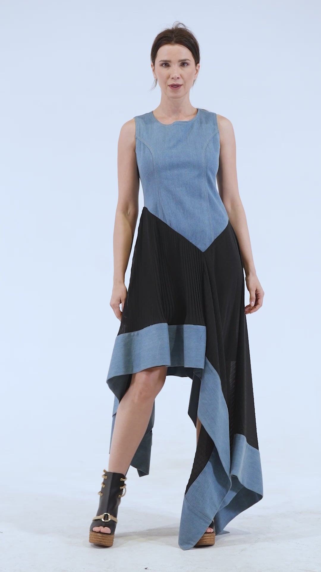 Denim Dress With Pleated Chiffon Hem