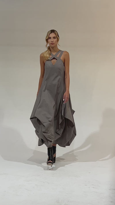 Asymmetric Long Cotton Dress In Gray