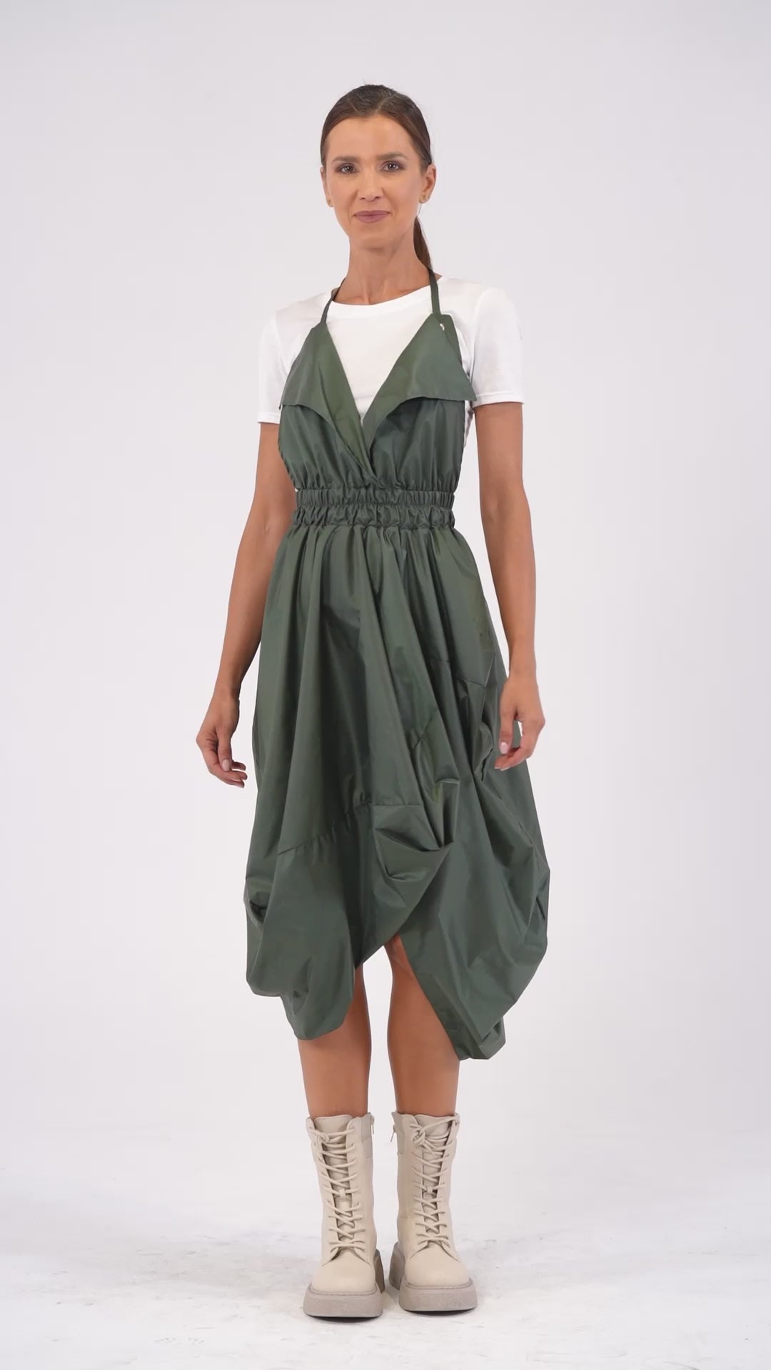 Draped Balloon Pinafore Dress In Beige
