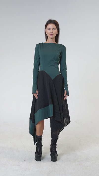 Asymmetric Dress In Petrol With Pleated Chiffon Layer