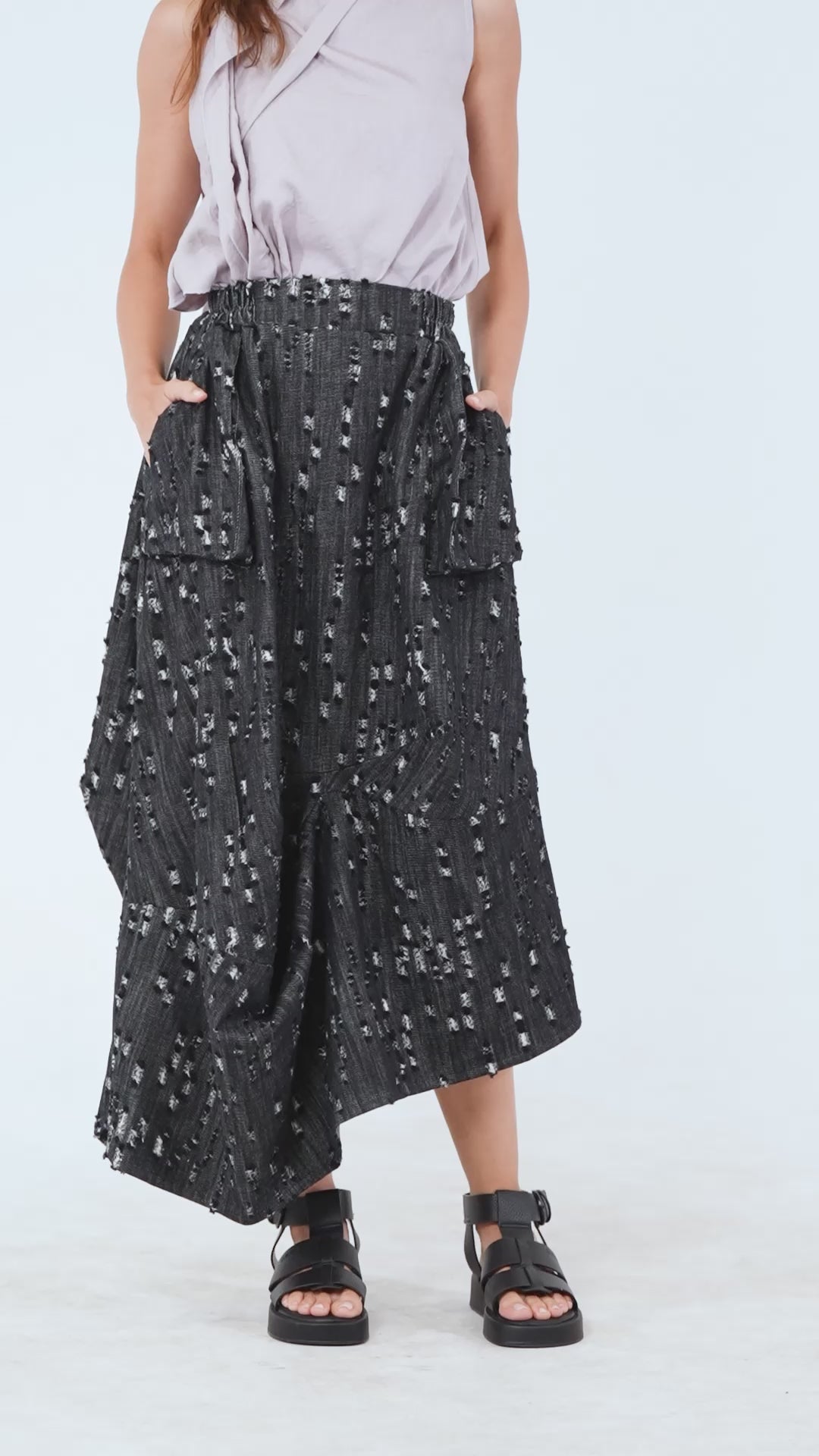 Distressed Denim Skirt with Draped Details