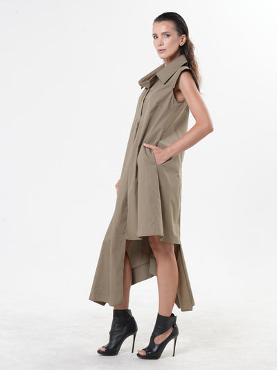 Asymmetric Cotton Shirt Dress In Khaki