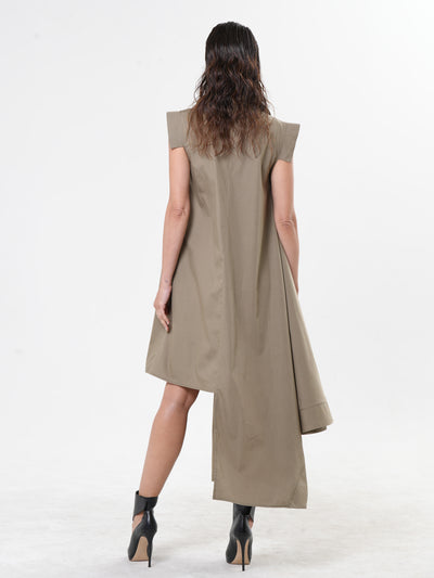 Asymmetric Cotton Shirt Dress In Khaki