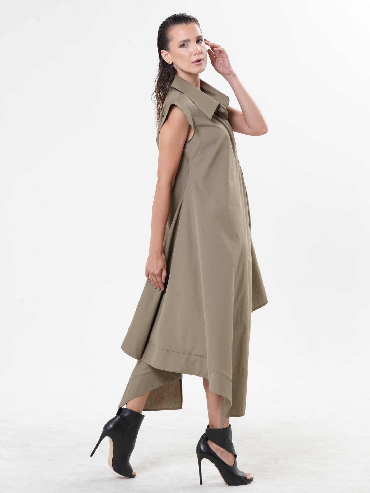Asymmetric Cotton Shirt Dress In Khaki