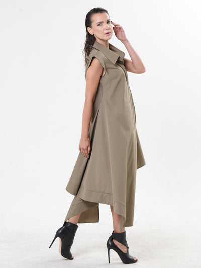 Asymmetric Cotton Shirt Dress In Khaki