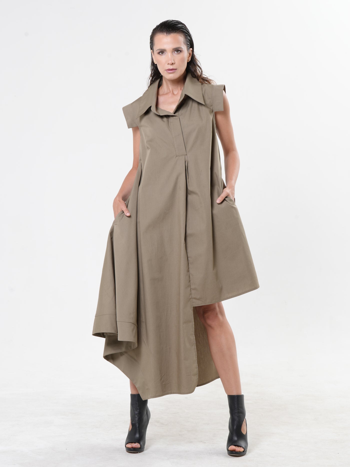 Asymmetric Cotton Shirt Dress In Khaki