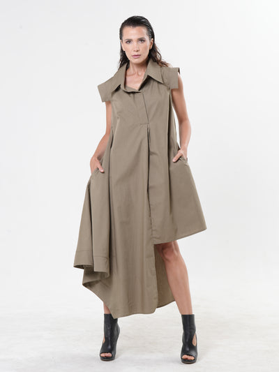 Asymmetric Cotton Shirt Dress In Khaki