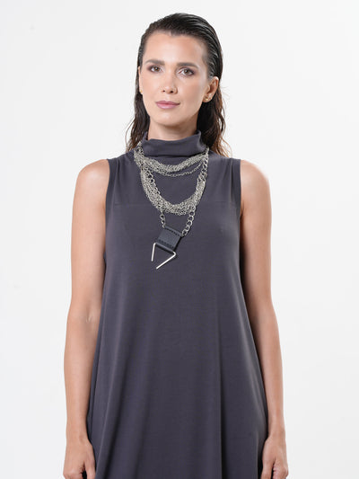 Layered Chain Necklace with Leather Pendant