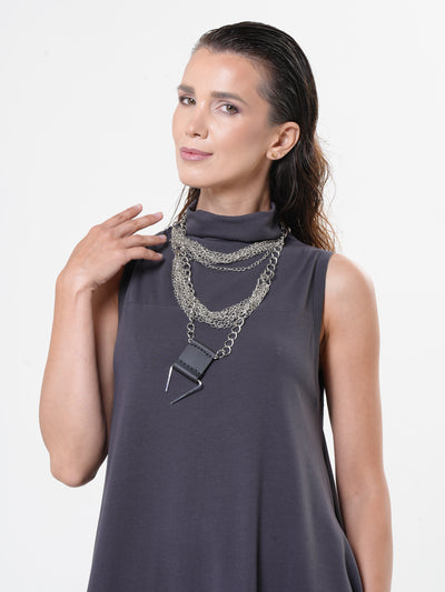 Layered Chain Necklace with Leather Pendant