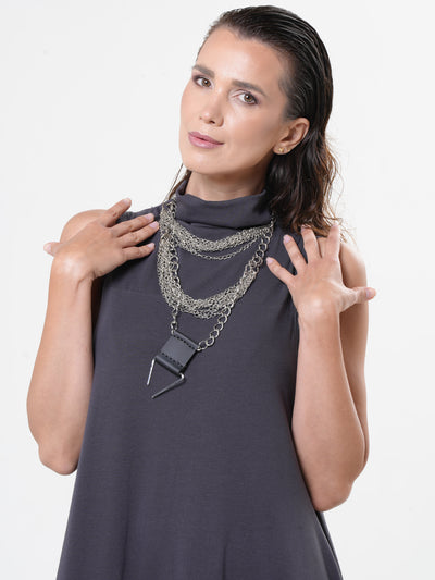 Layered Chain Necklace with Leather Pendant