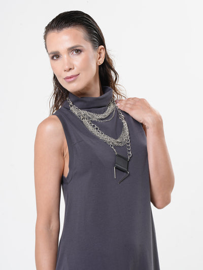 Layered Chain Necklace with Leather Pendant