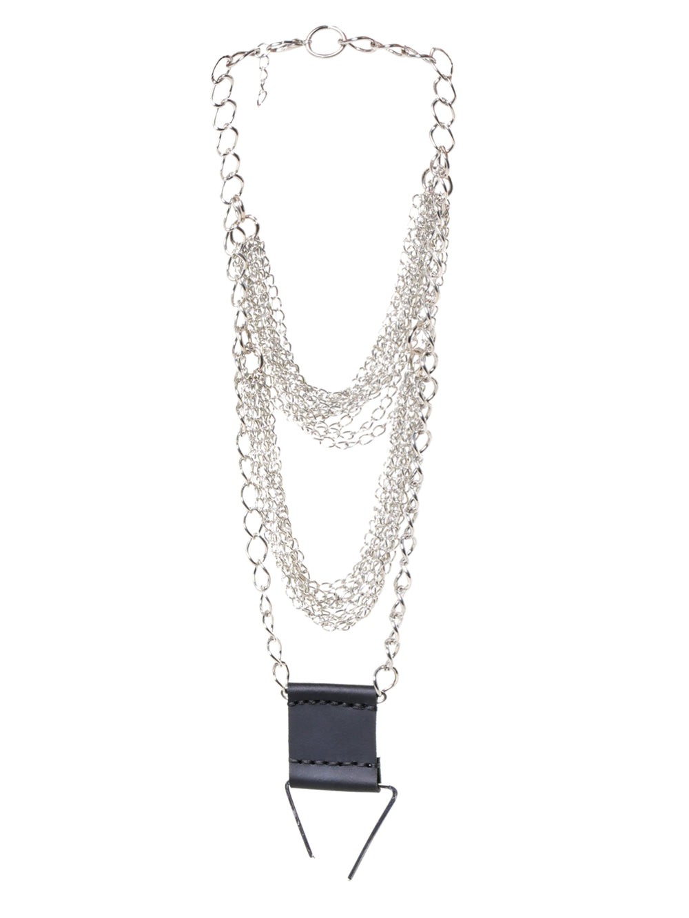 Layered Chain Necklace with Leather Pendant