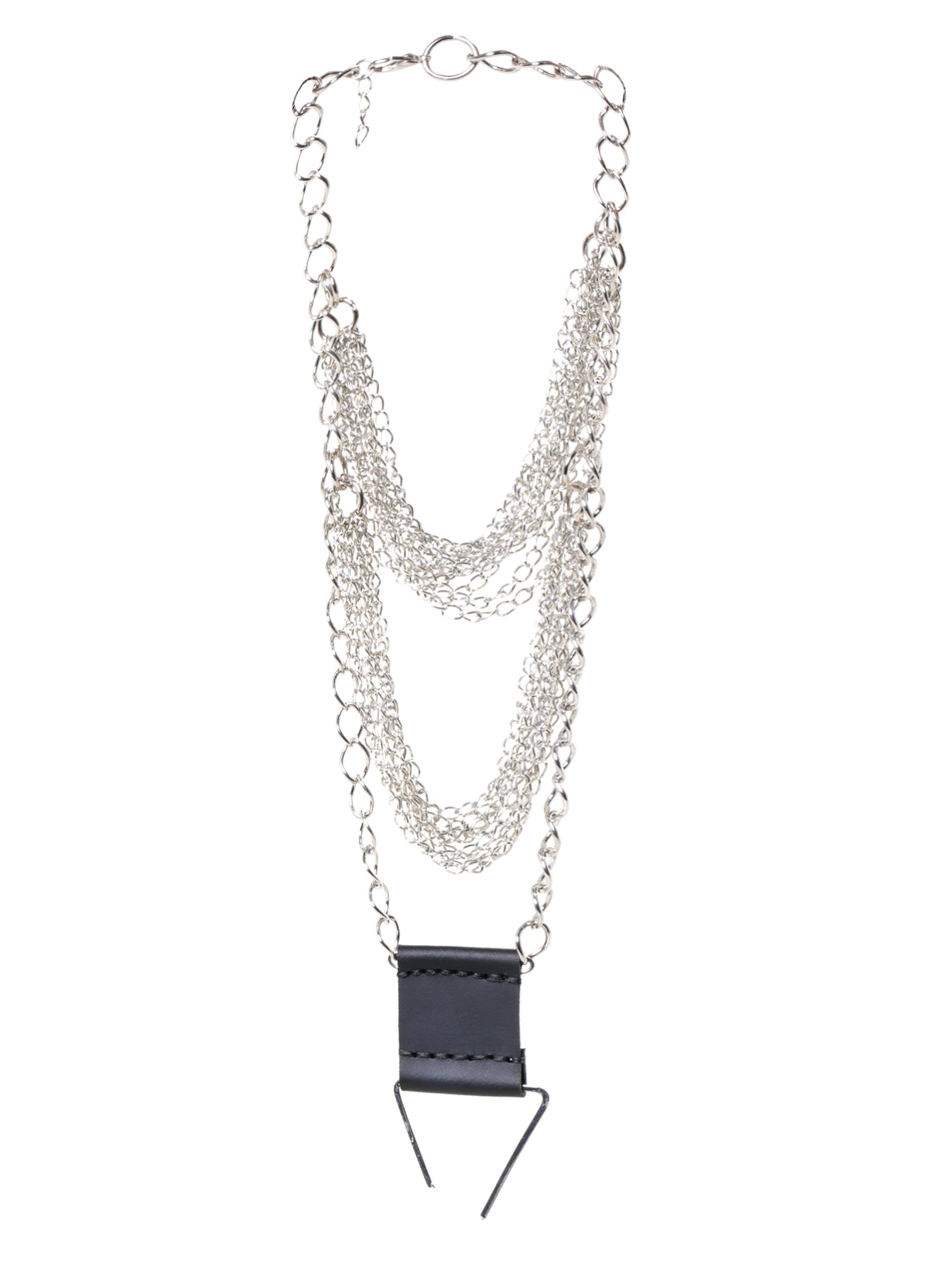 Layered Chain Necklace with Leather Pendant