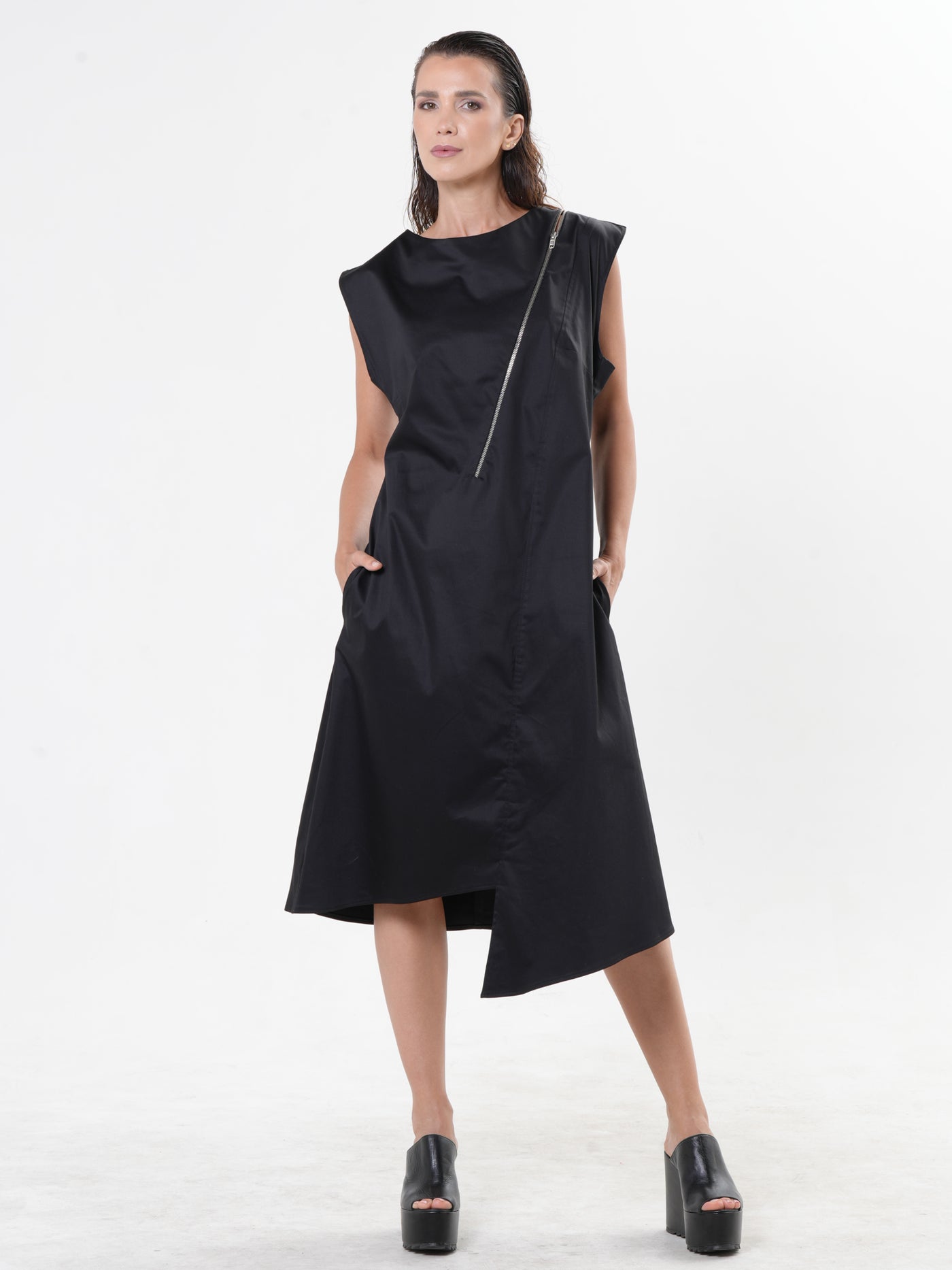 Midi Zipper Dress In Black