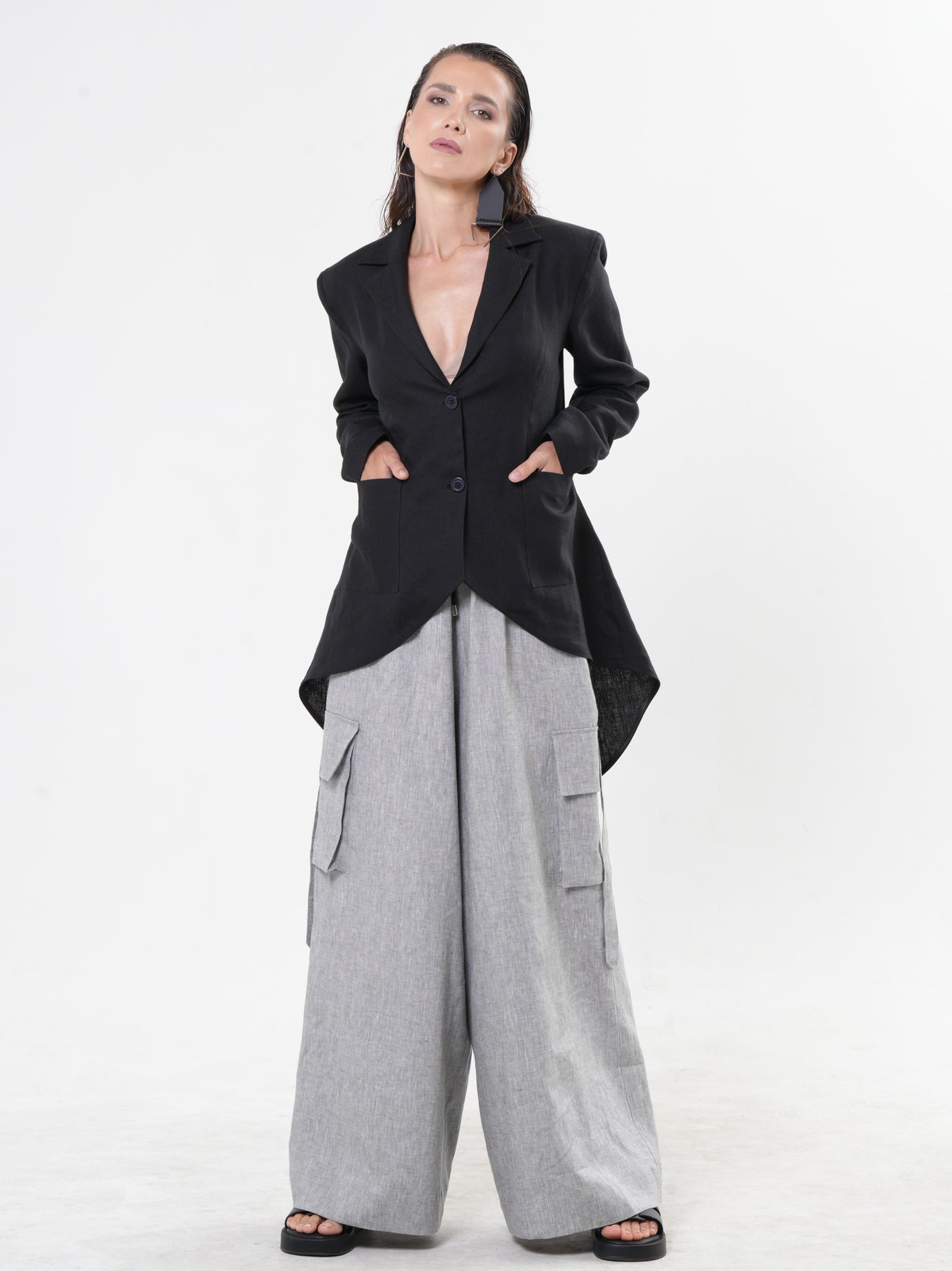 Black Asymmetrical Linen Blazer