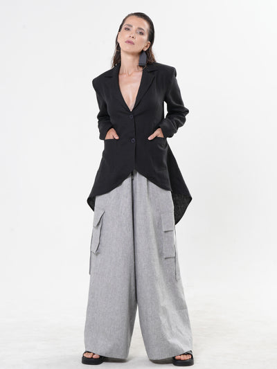 Black Asymmetrical Linen Blazer