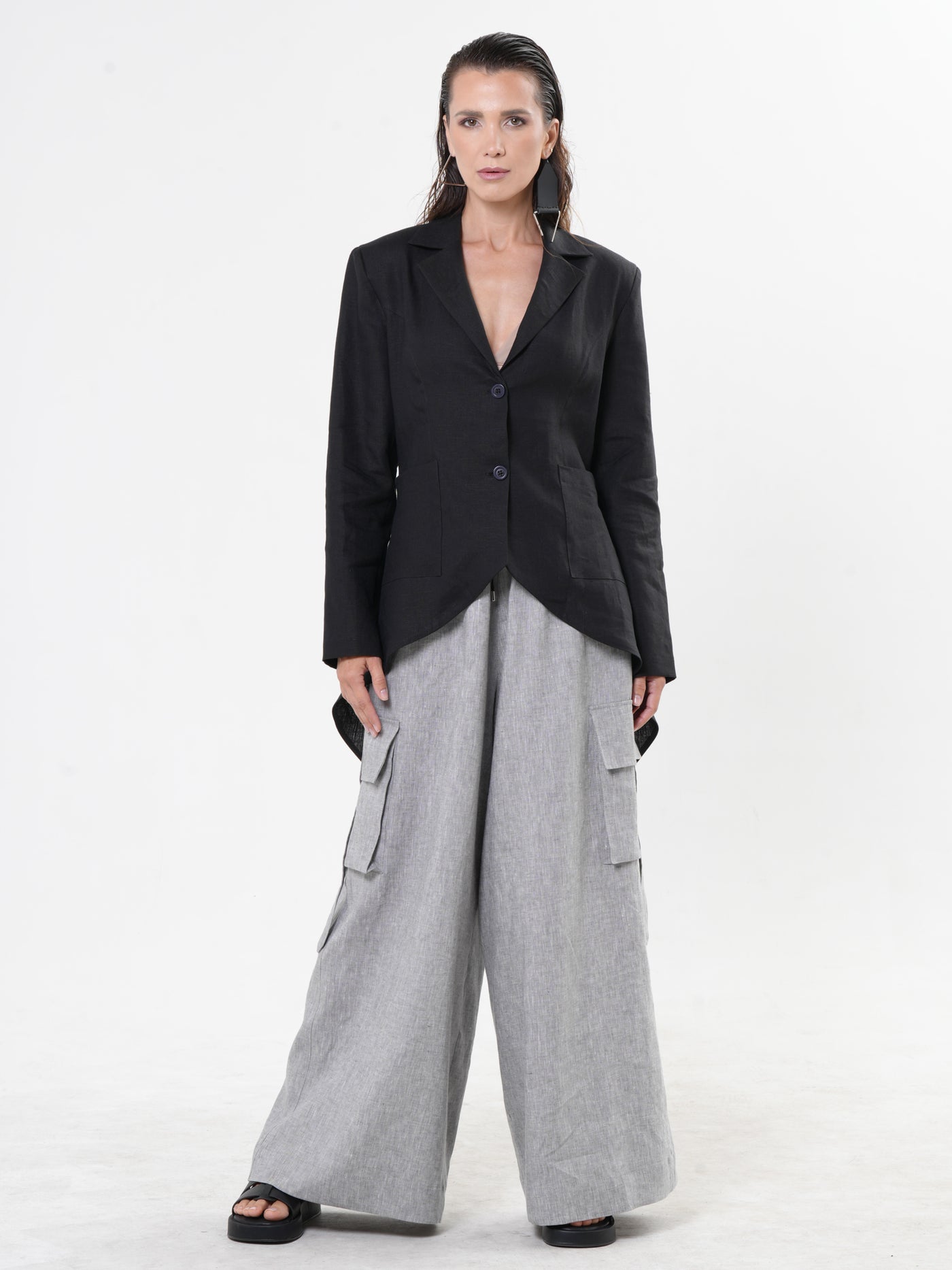 Black Asymmetrical Linen Blazer