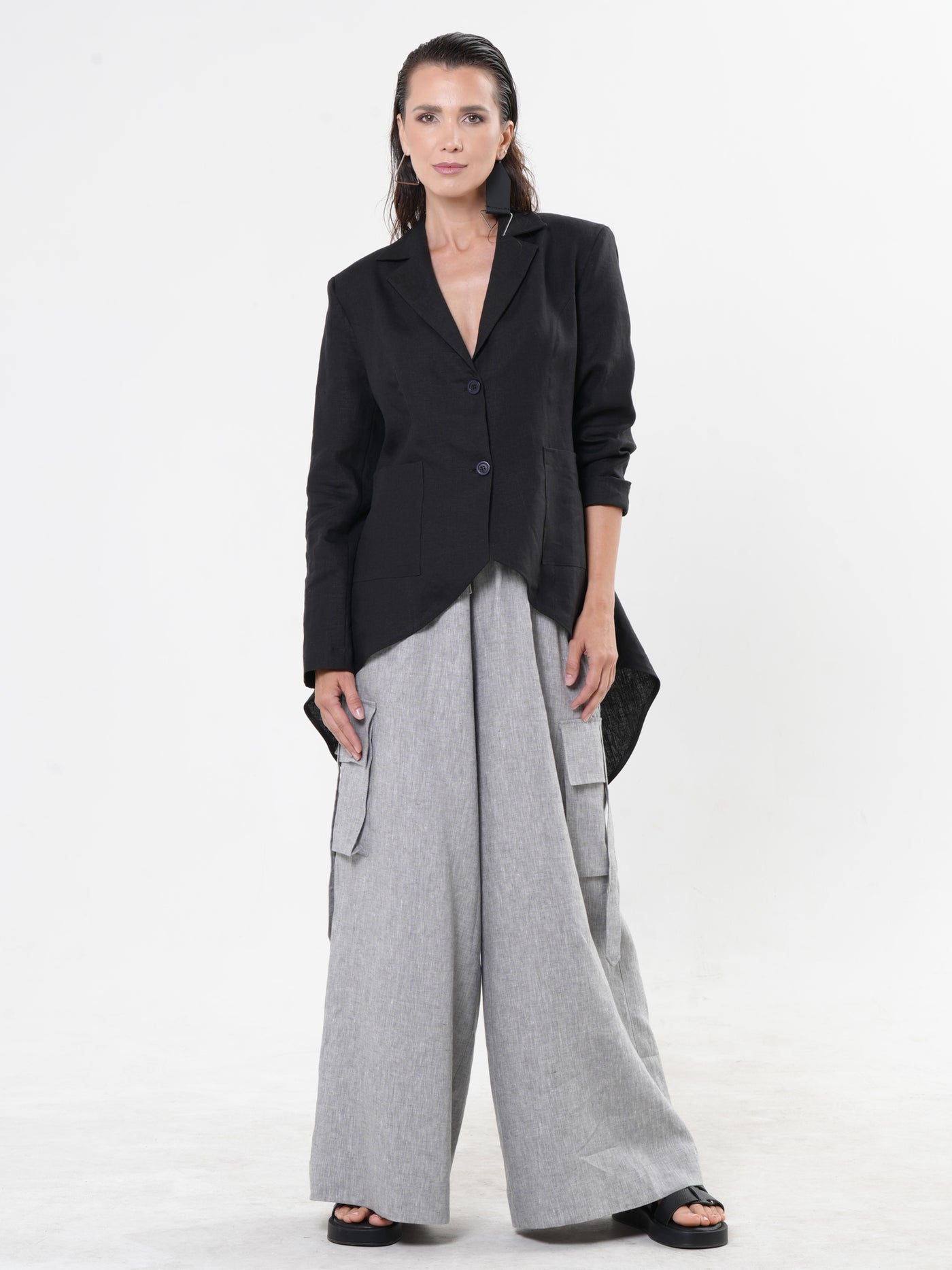 Black Asymmetrical Linen Blazer