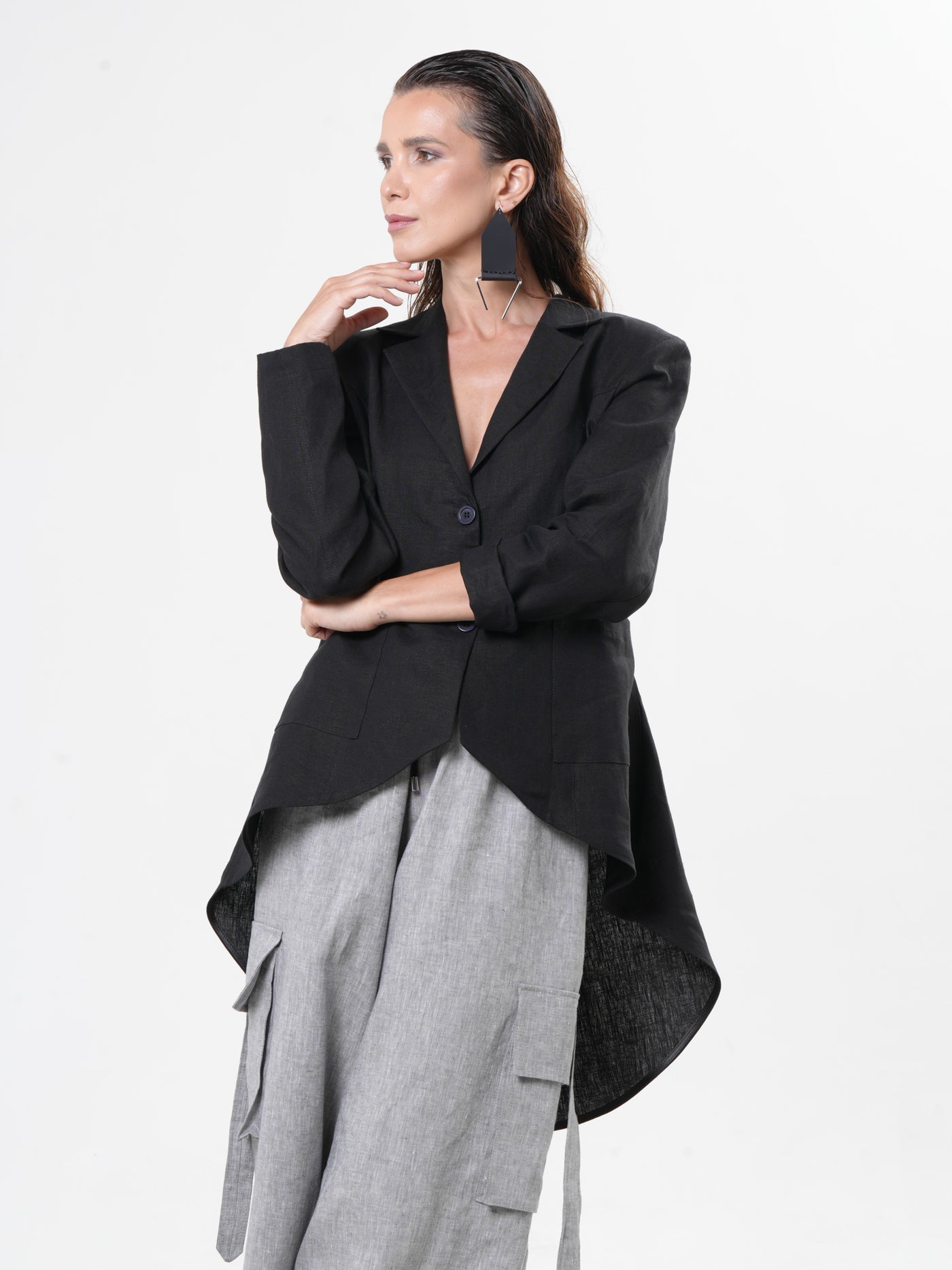 Black Asymmetrical Linen Blazer