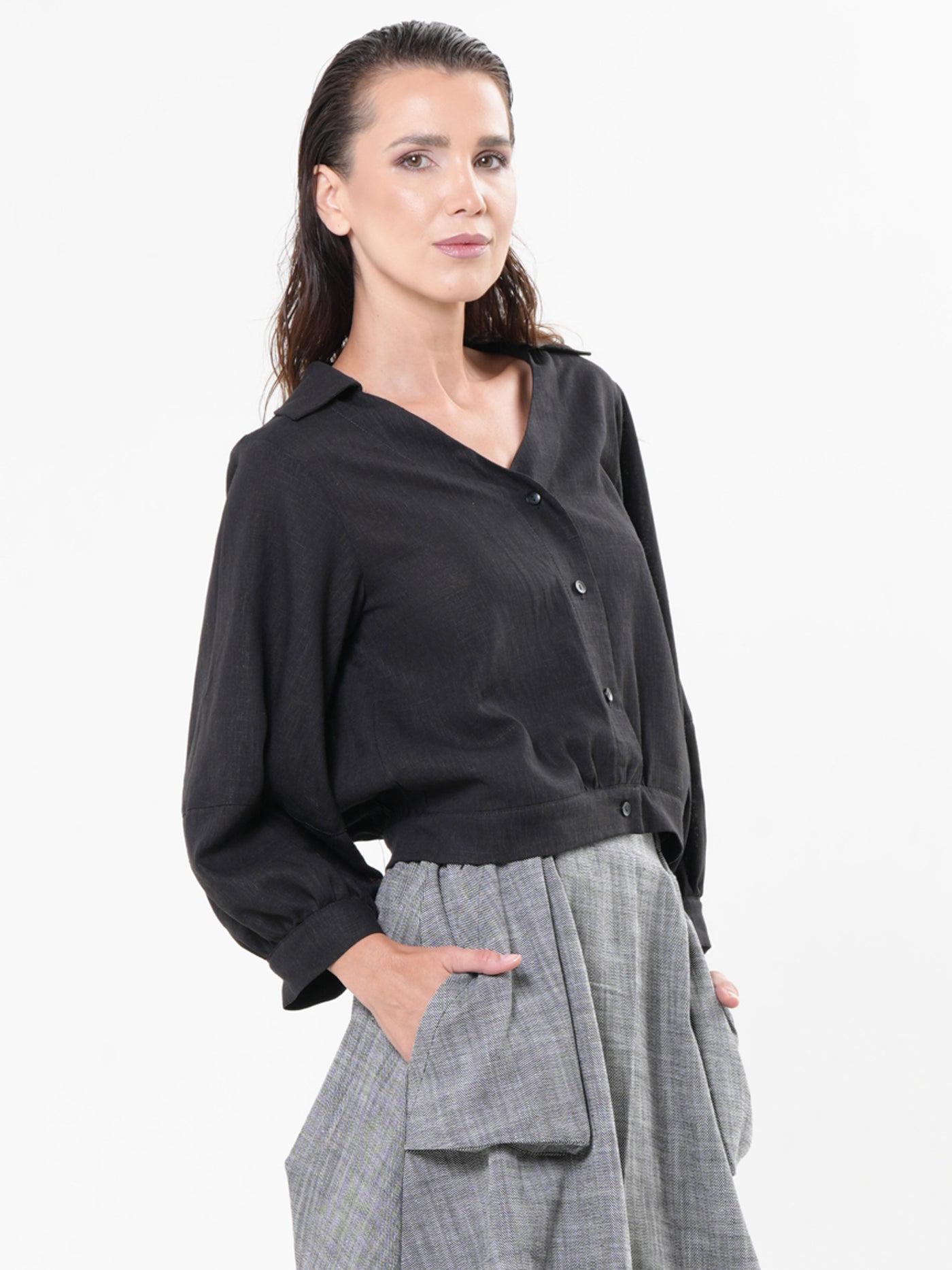 Oversize Linen Short Top in Black