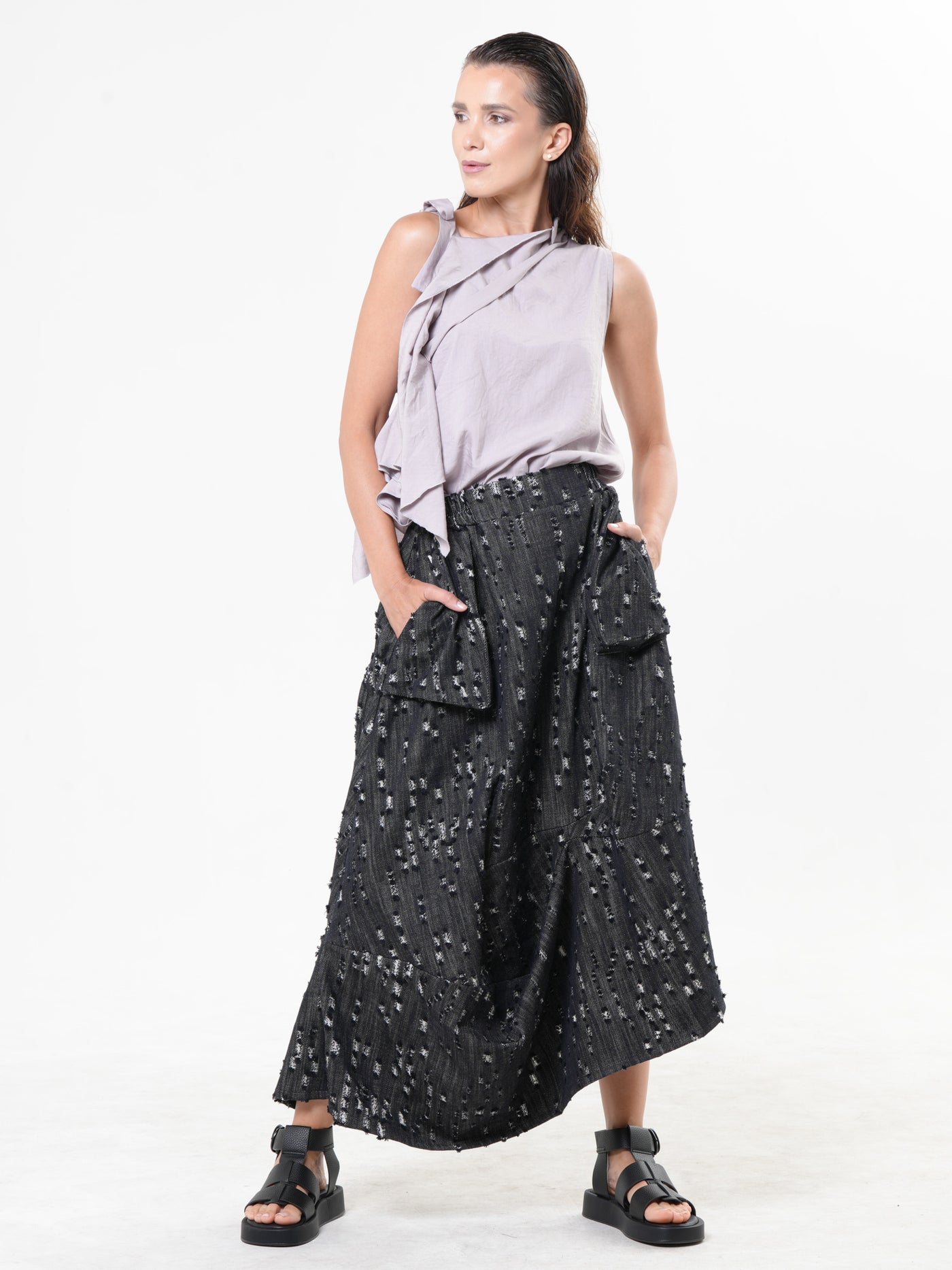 Distressed Denim Skirt with Draped Details