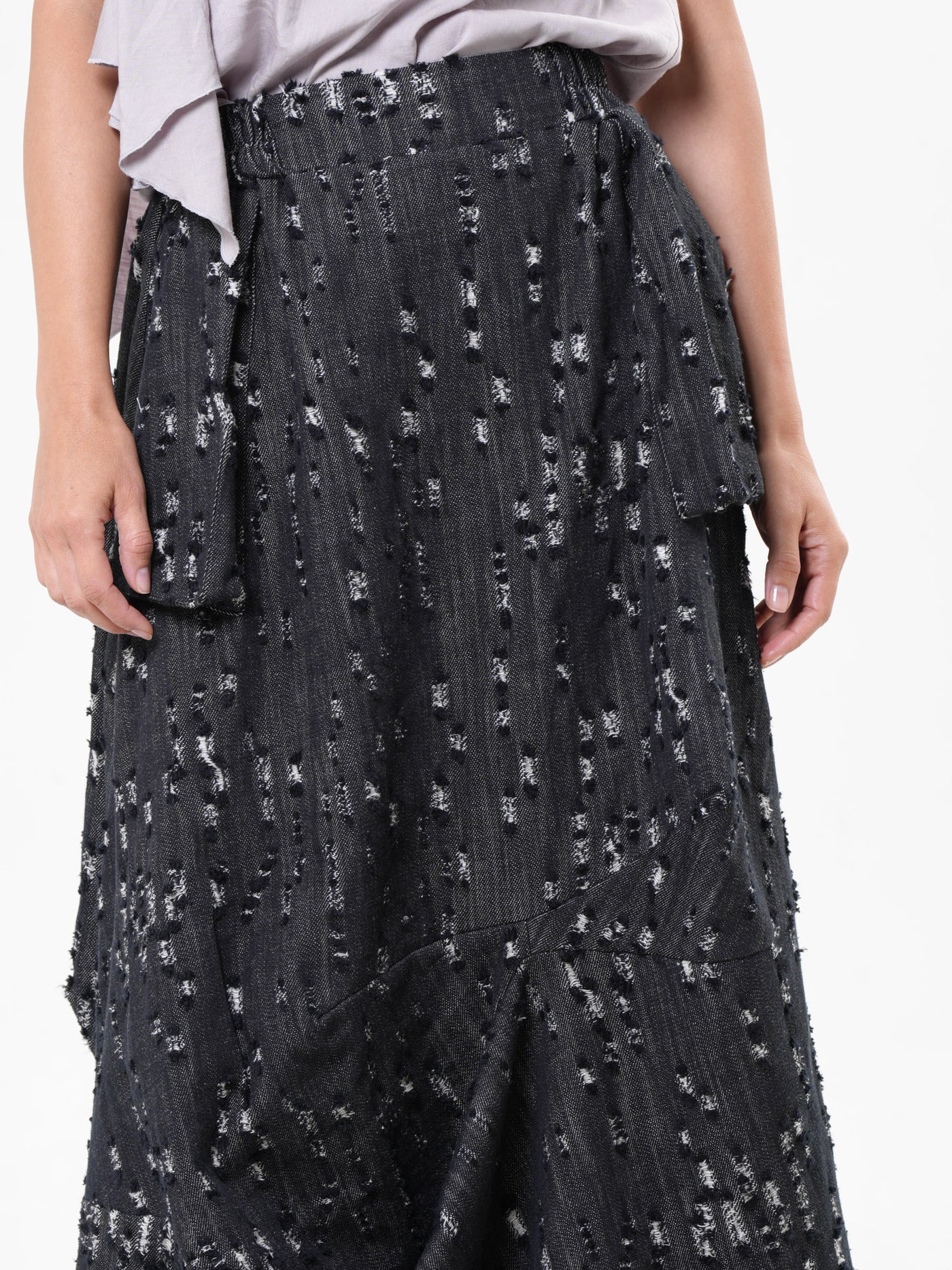 Distressed Denim Skirt with Draped Details