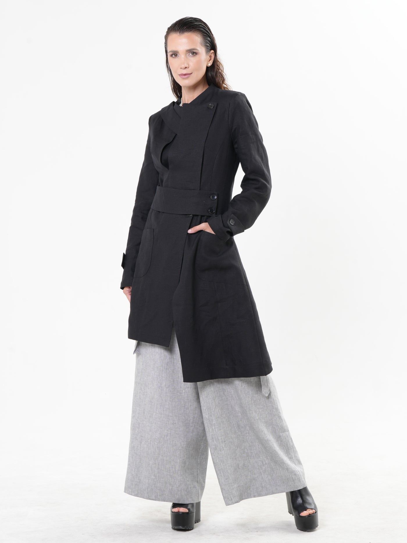Avant Garde Linen Coat in Black