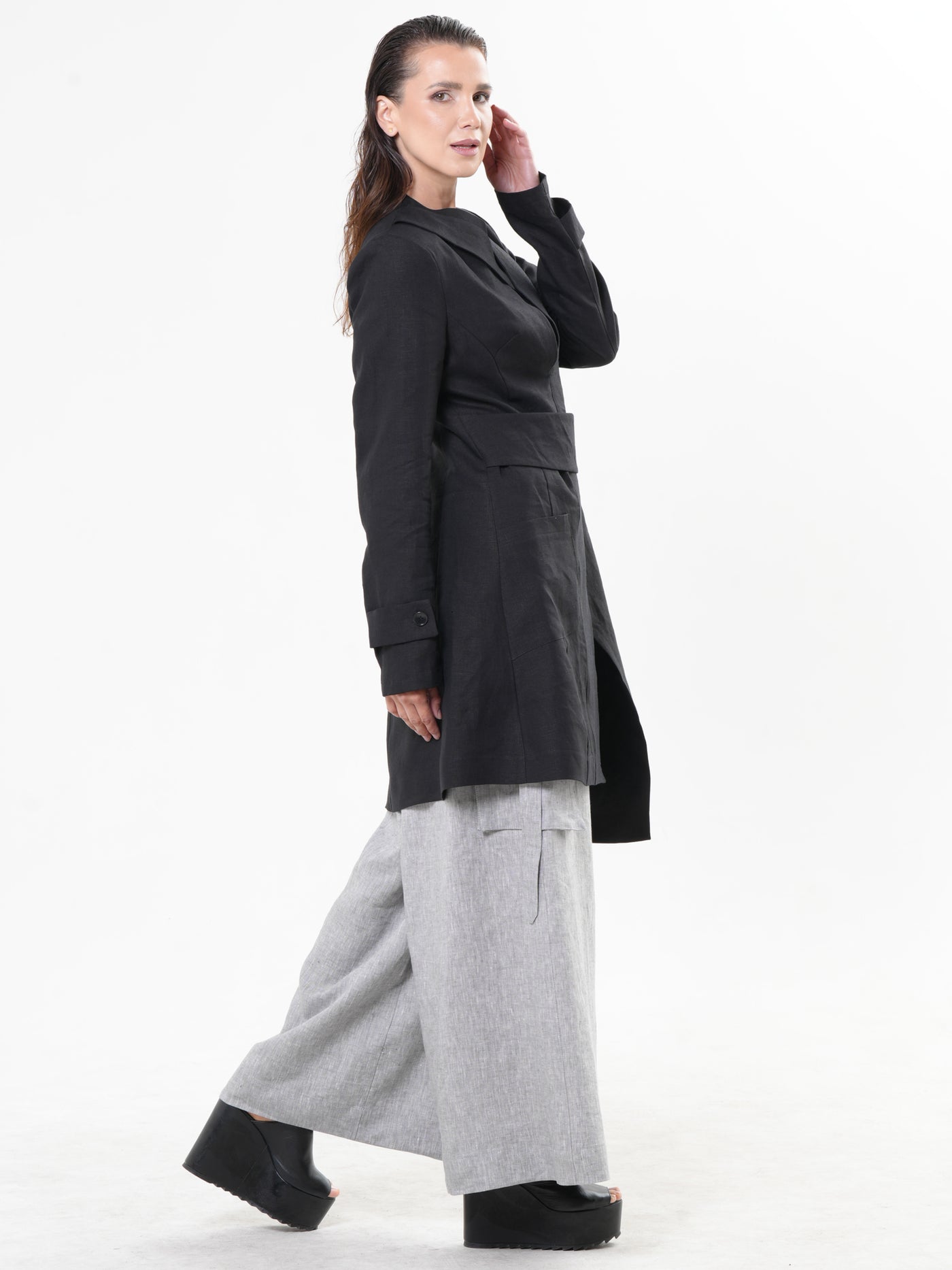 Avant Garde Linen Coat in Black
