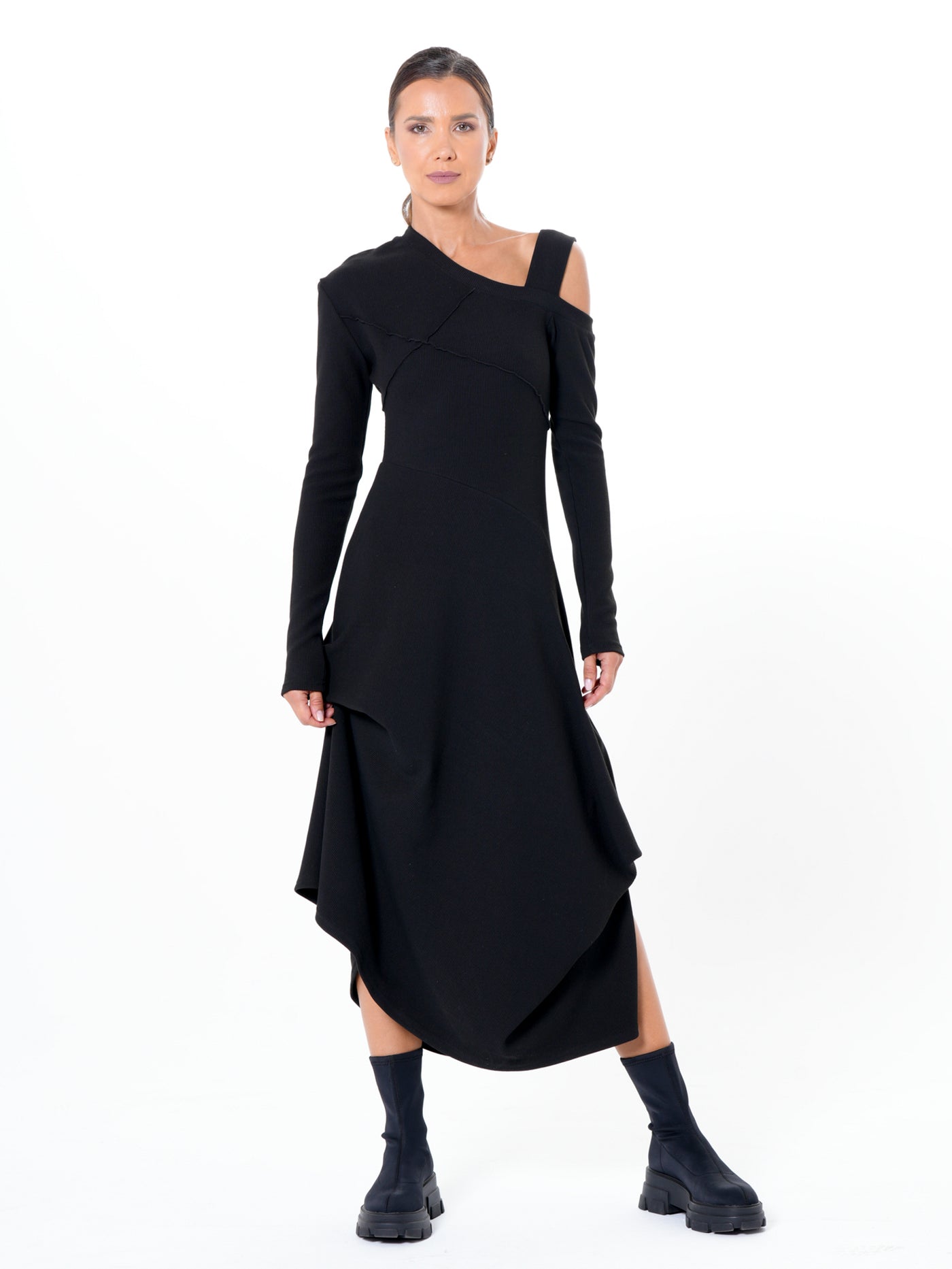 Asymmetric Black Dress with Shoulder Cutout Metamorphoza Asymmetric Black Dress with Shoulder Cutout Metamorphoza