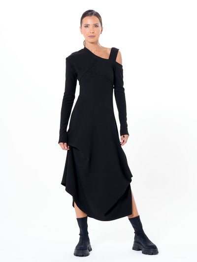 Asymmetric Black Dress with Shoulder Cutout
