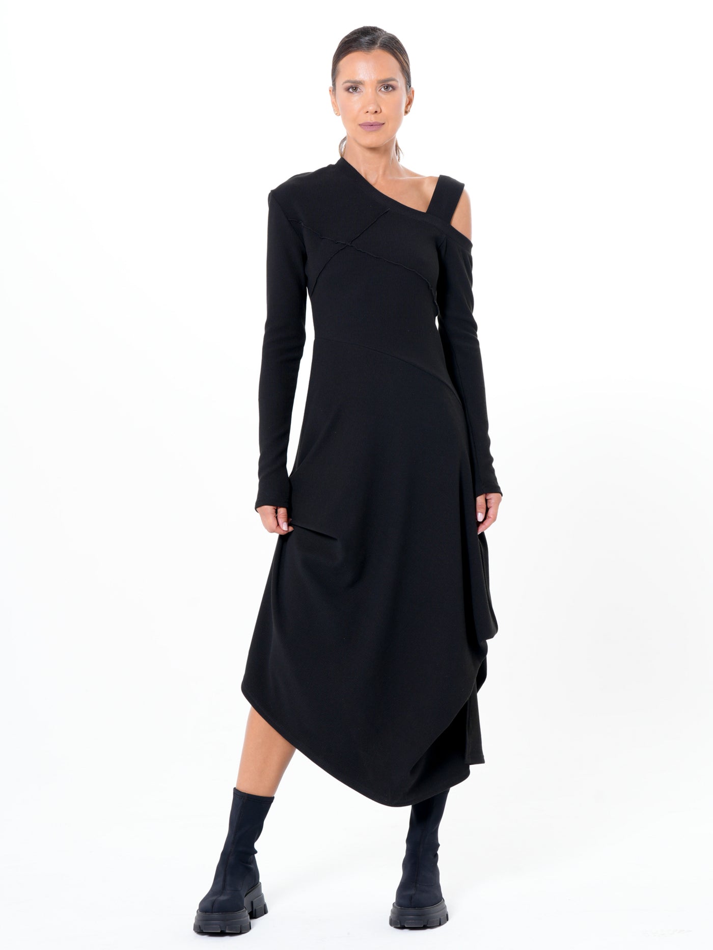 Asymmetric Black Dress with Shoulder Cutout